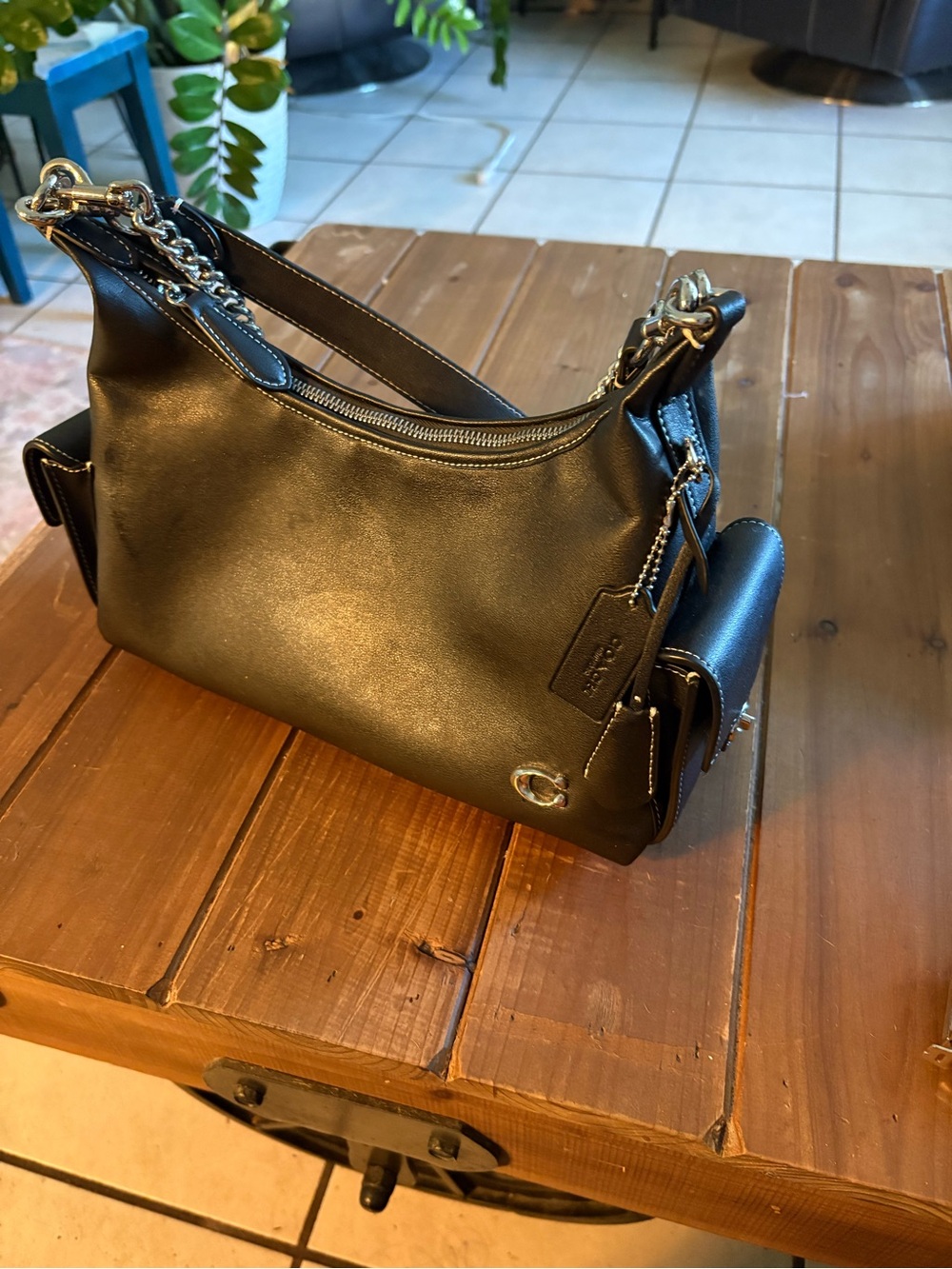 Coach Juliette Black Leather Shoulder Bag with Chain Detail